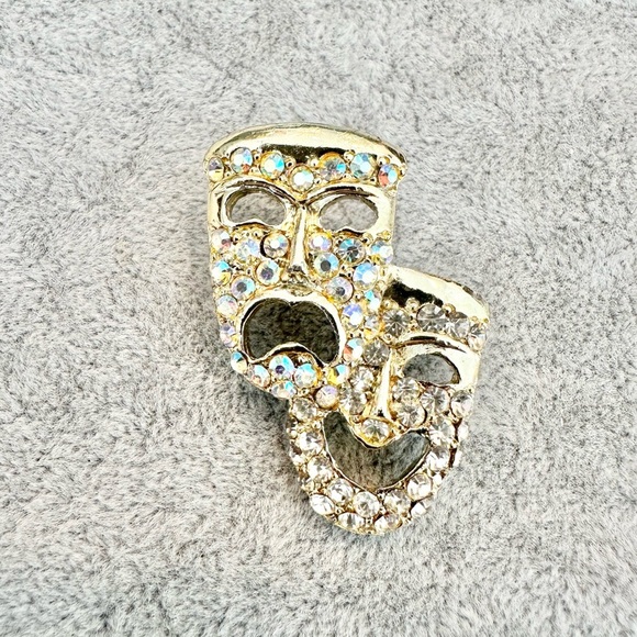 Jewelry - Vintage Gold Tone Aurora Borealis Rhinestone Comedy Tragedy Theater Mask Brooch